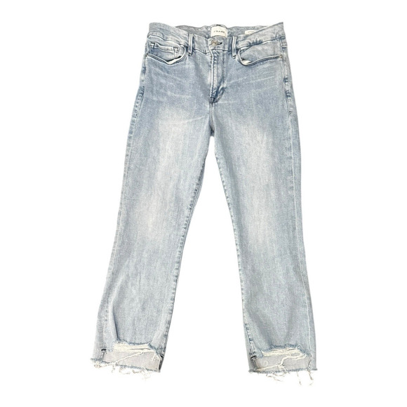 FRAME Denim Light Wash Distressed Hem Crop Jeans - Picture 1 of 12